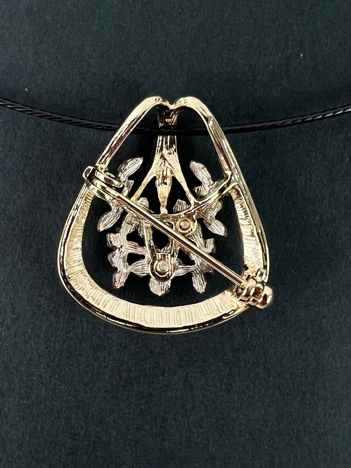 Black Coated Wire Magnetic Choker Necklace w/Open Work Floral Brooch & Pendant
