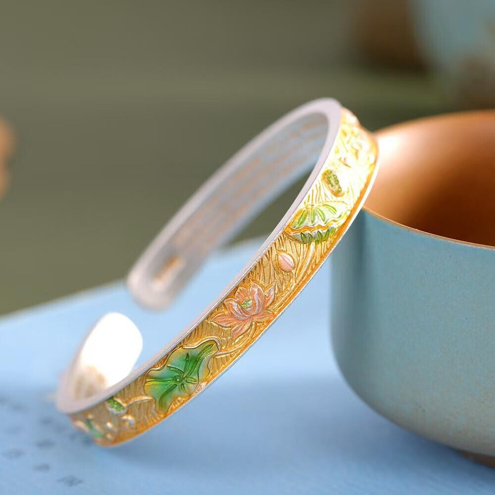 Real S999 Fine Silver Bracelet 8mm Enamel Lotus Open Bangle 29-30g Dia:57mm