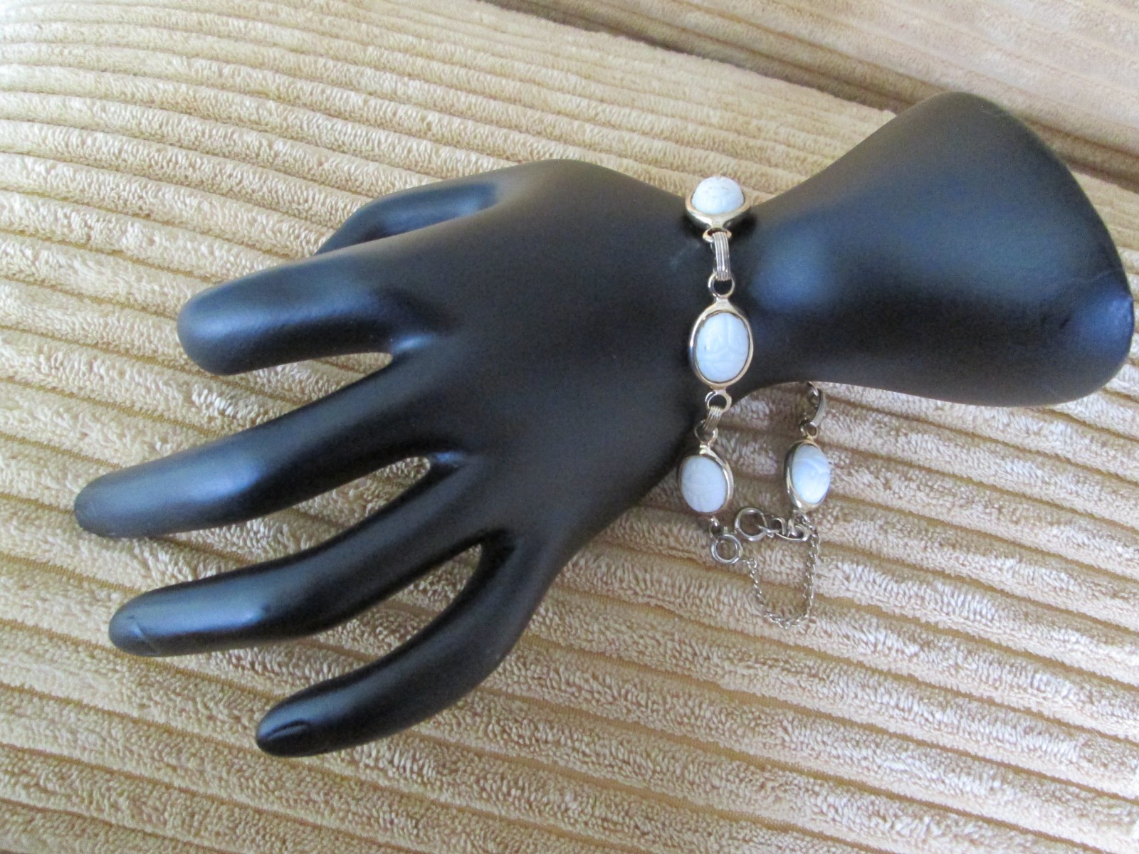 Vintage White Scarab Gold Tone Statement 7 in Bracelet with safety chain