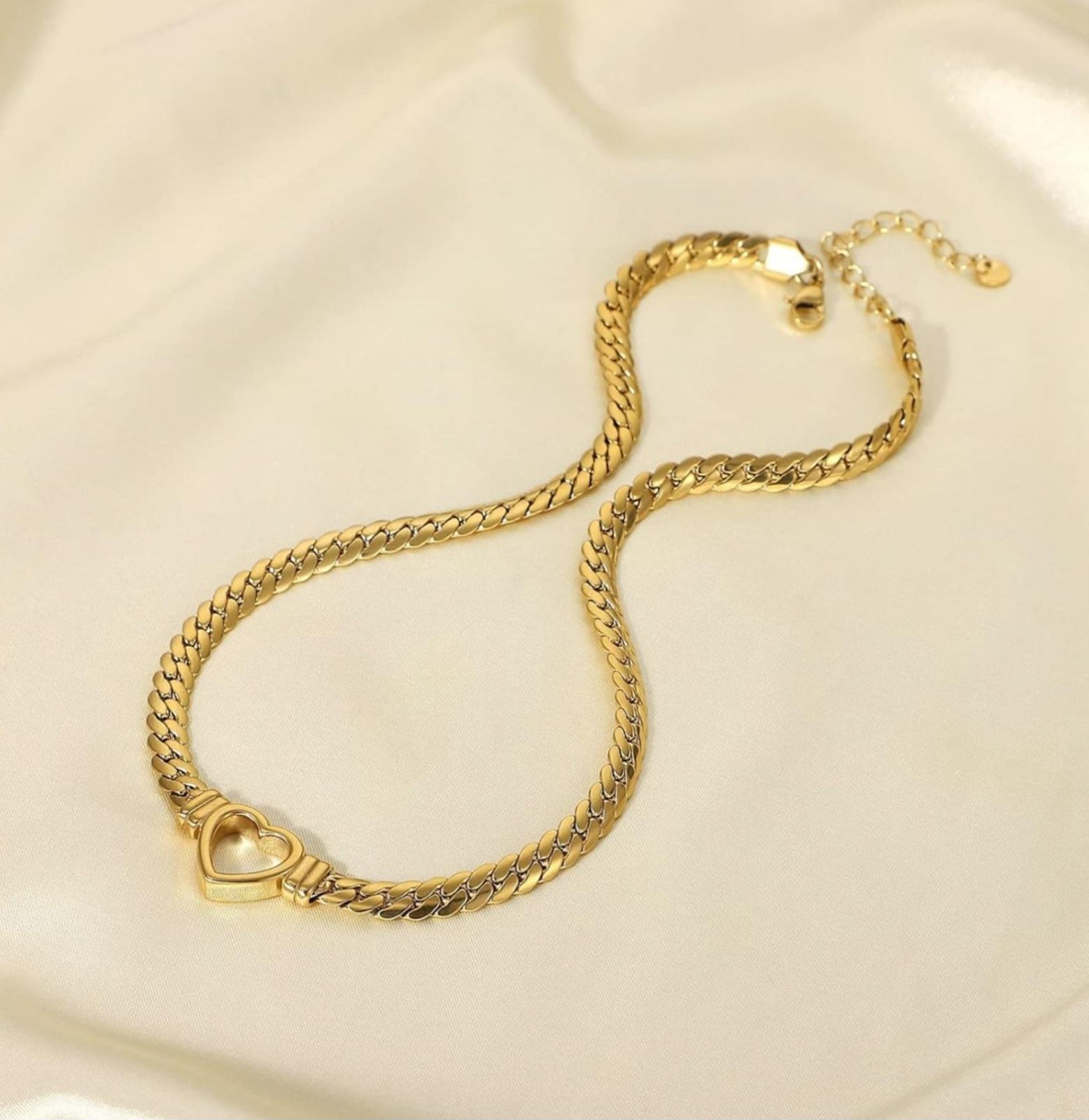 Flat Cuban Link Chunky Chain Necklace Gold Stainless Steel Hollow Heart Charms