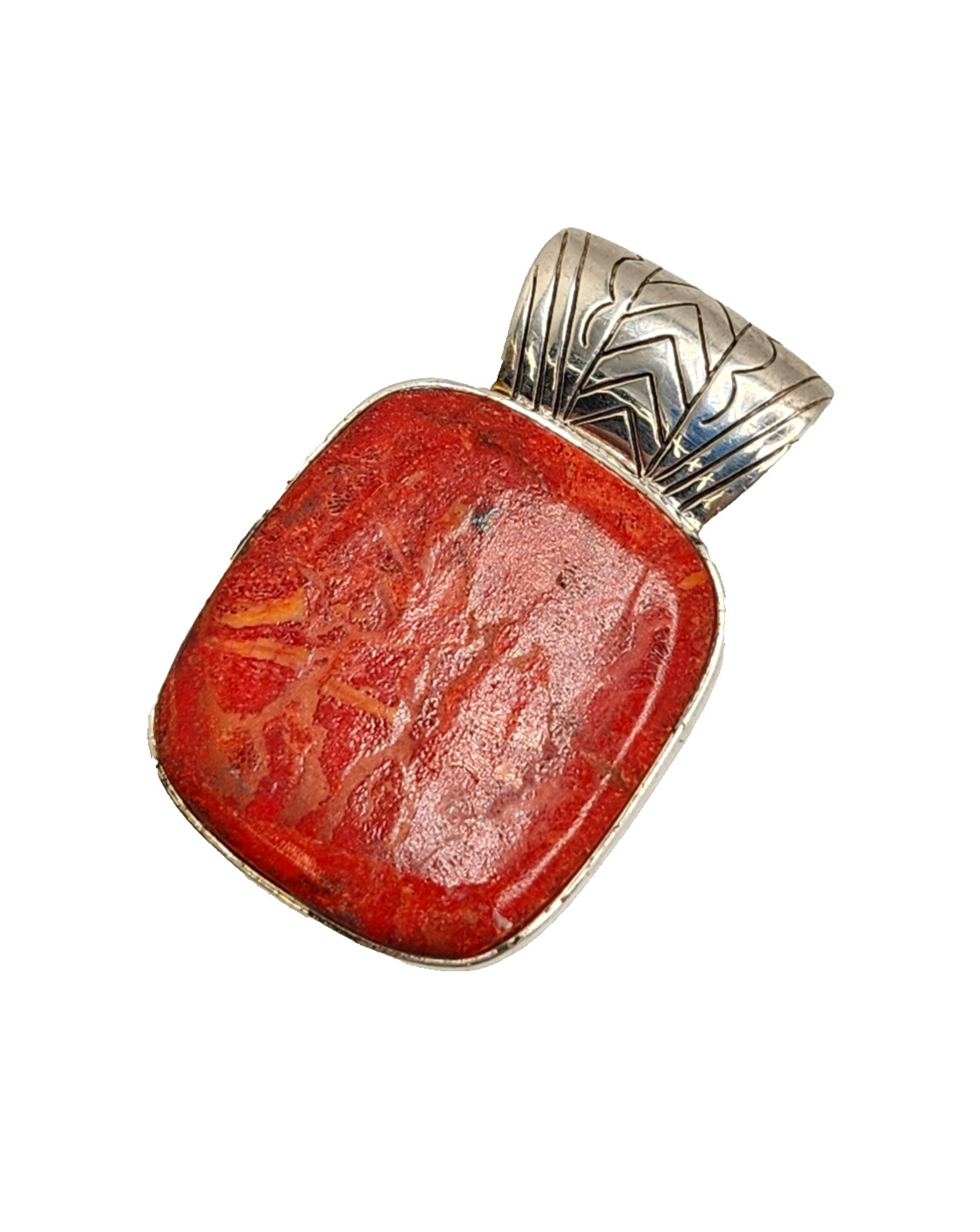 Sterling Silver BBJ Reconstituted Red Coral Large Rectangular Cabochon Pendant