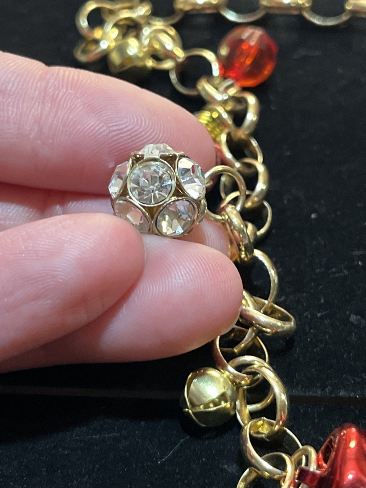 Holiday Lane Christmas Necklace Gold Tone Crystals Bells Lights Jingle Bells