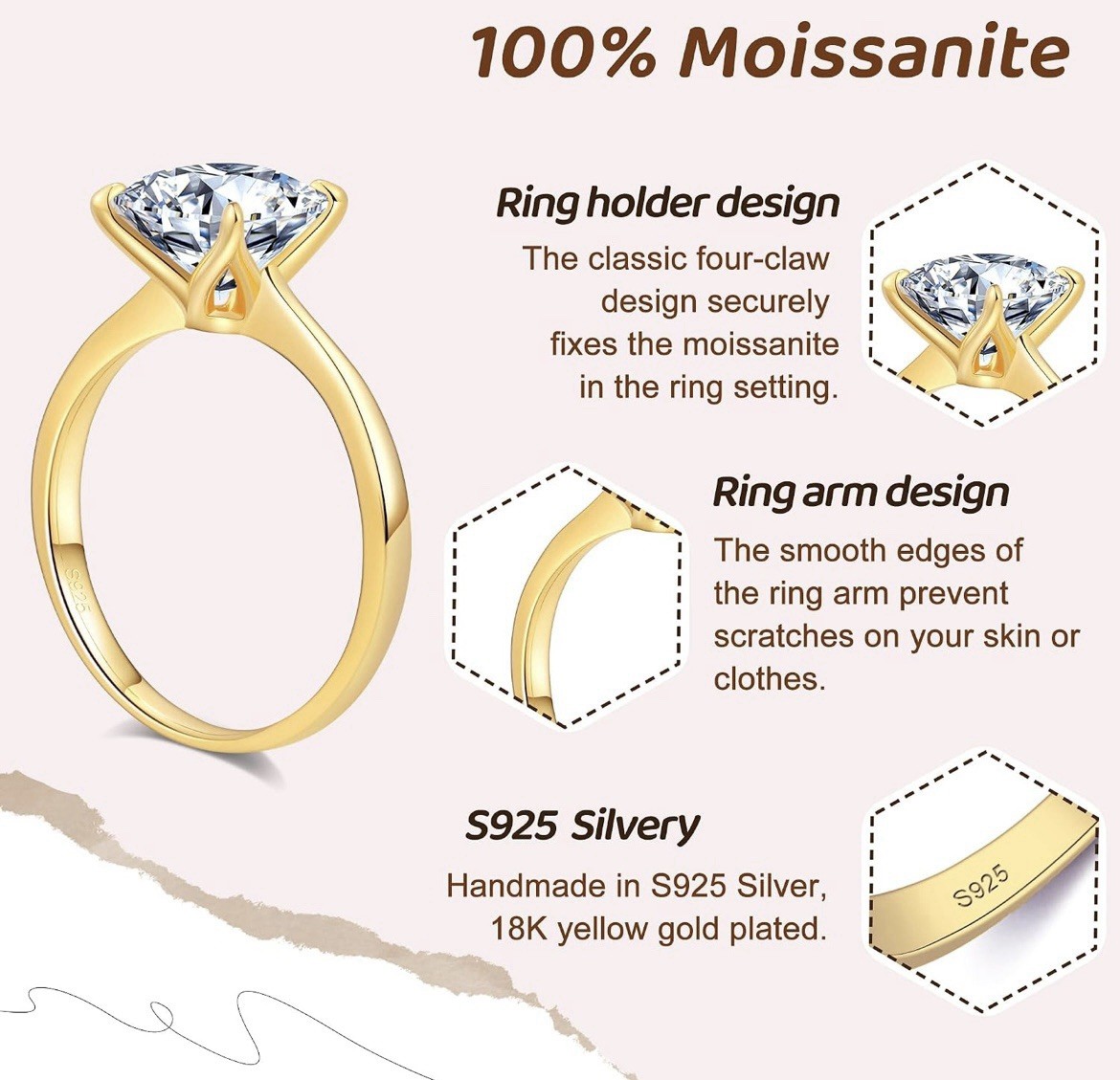 0.5-4CT D VVS1 Moissanite Ring 925 Silver Two Tone 18K Gold Plated Wedding Band