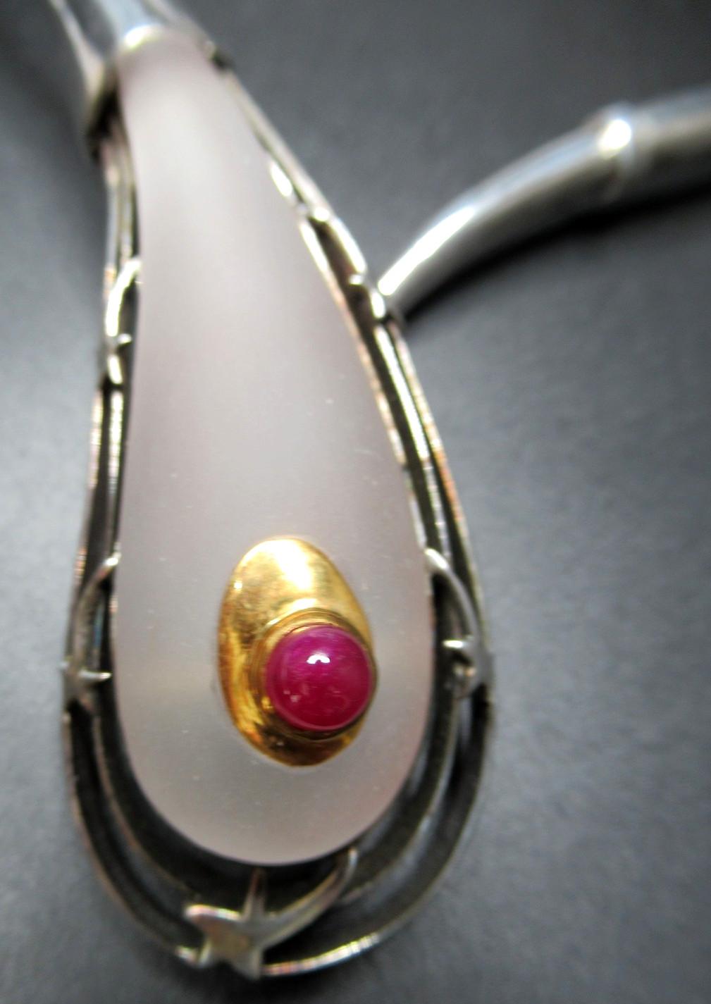 LALAOUNIS Greek Sterling Silver 14k Gold Genuine Quartz Ruby Torque Necklace