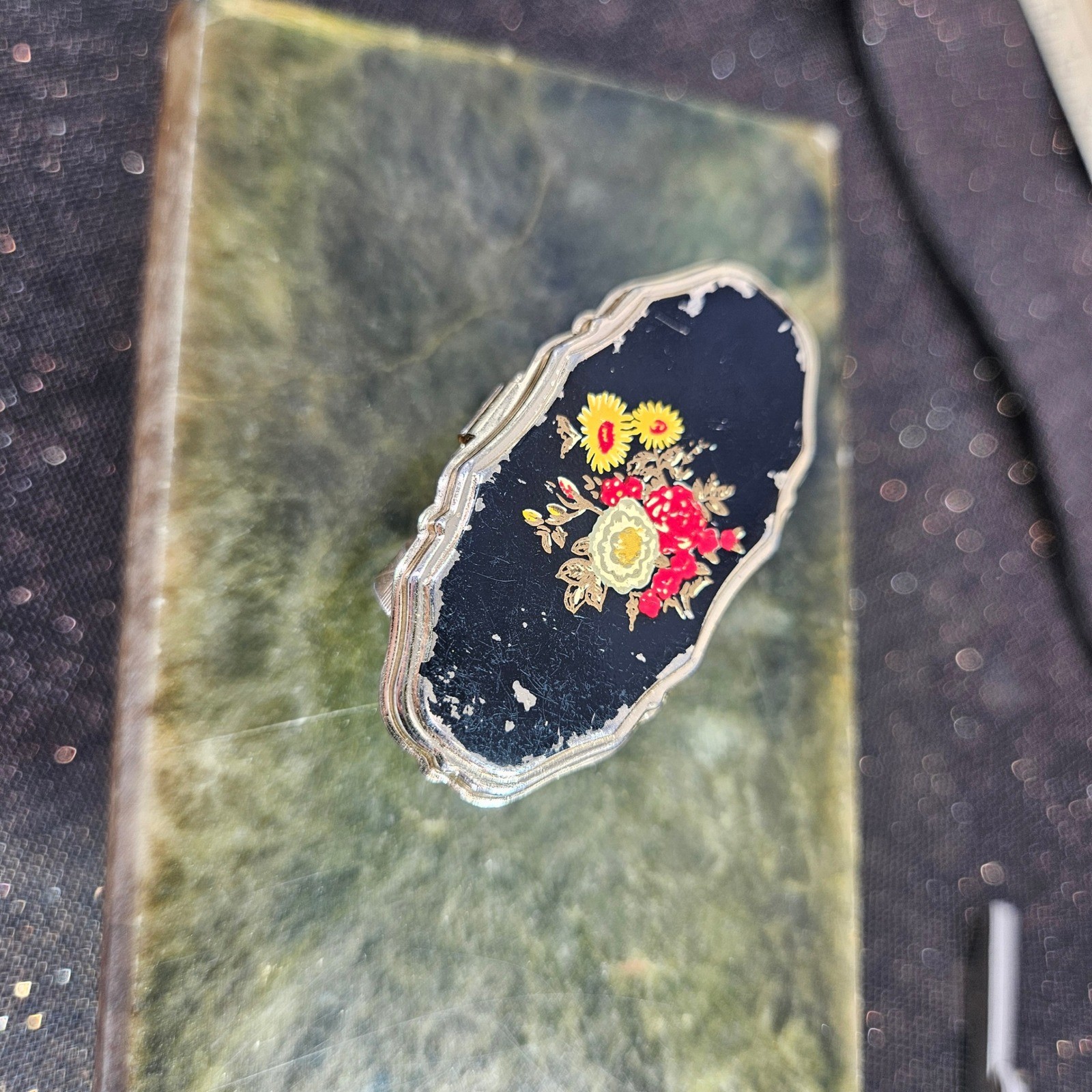 Vintage Lipstick Holder Flip Compact Mirror Handpainted Floral Gold Tone Black