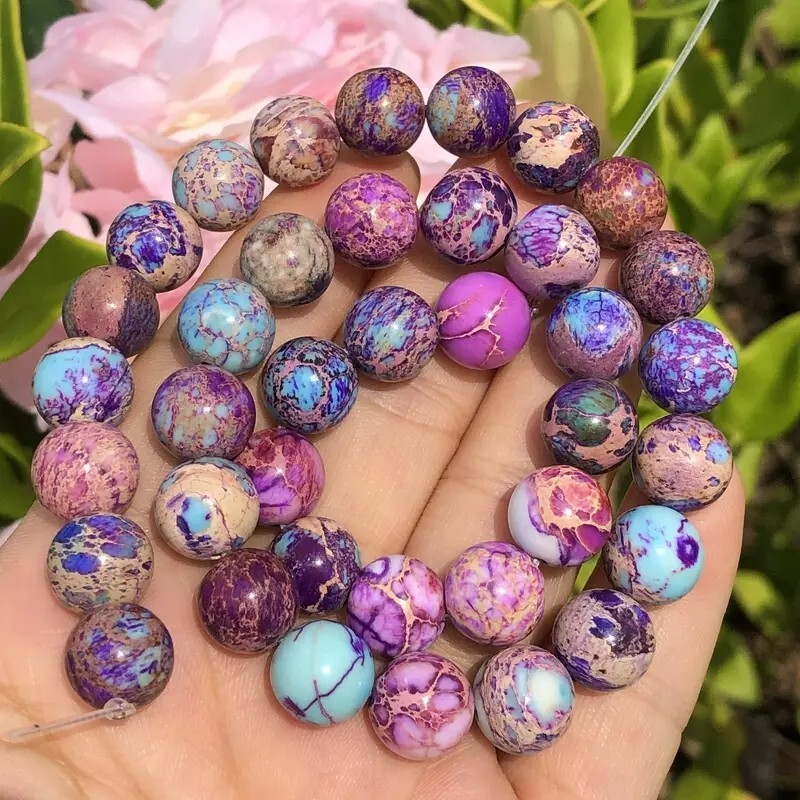 Purple Blue Sea Sediment Jasper Beads Healing Reiki Women Lotus Bracelet Gifts