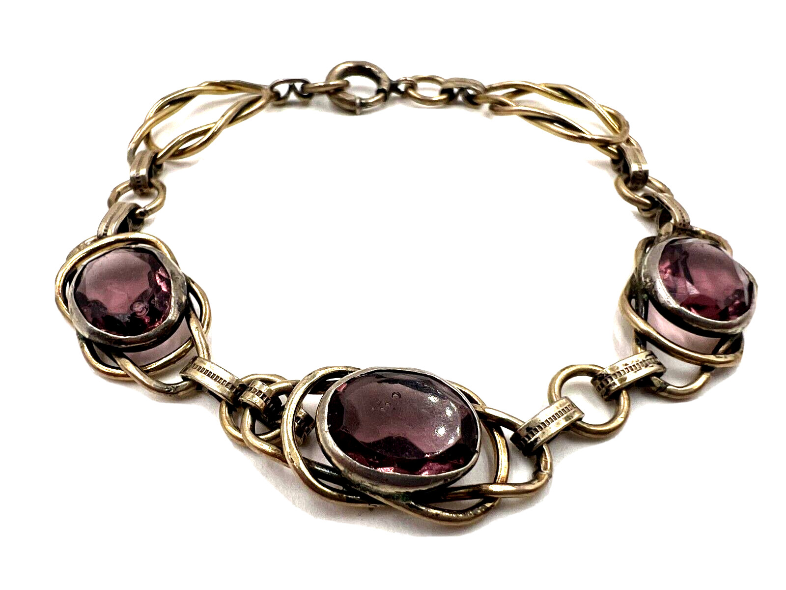 ANTIQUE VICTORIAN ART NOUVEAU BRACELET PURPLE AMETHYST GLASS HERCULES KNOT LINKS