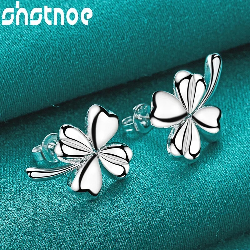SHSTONE 925 Sterling Silver Earrings Lucky Clover Stud Earrings Fashion Jewelry