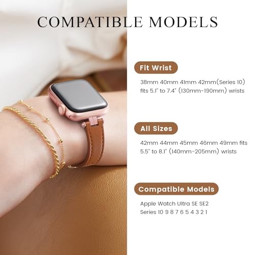 Thin Leather Band Compatible 38mm 40mm 41mm 42mm(Series 11 10) Brown/Rose Gold