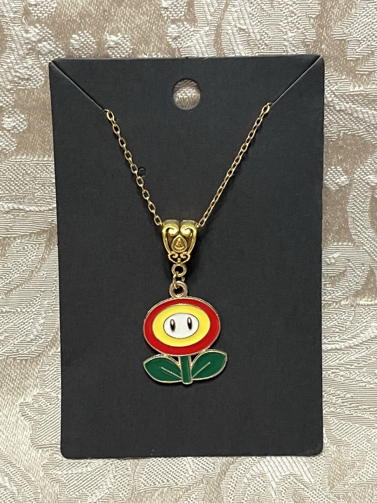 Flower Mario Luigi Cartoon Video Game Enamel Charm Gold Adorable Necklace 18”