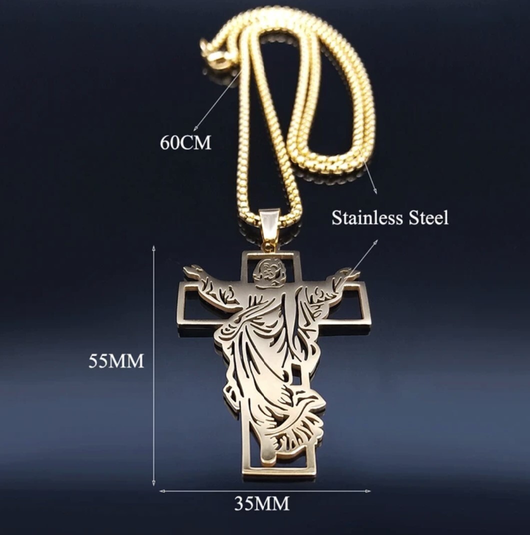 Stainless Steel He is Risen Cross Necklace with 60cm round box chain