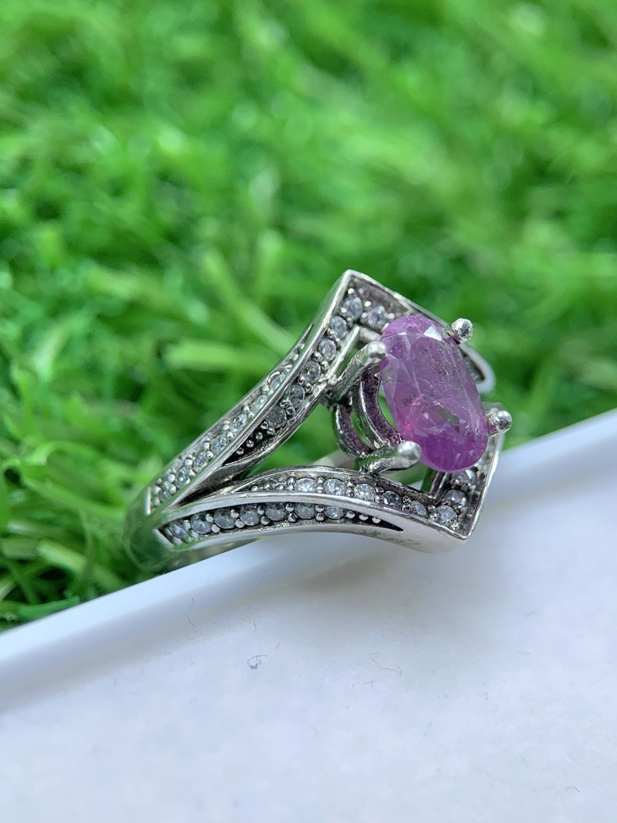 Natural Pinkish Purple Sapphire Ring 925 Sterling Silver Oval Size 5.5