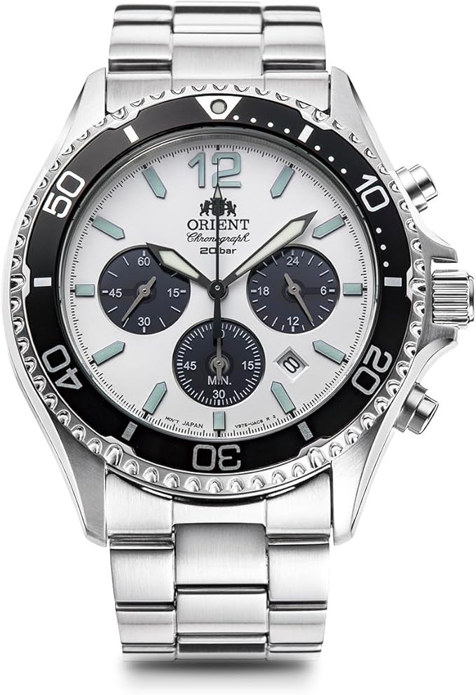 Orient Mako Men Watch RN-TX0203S Panda White Dial Solar Analog Chronograph New