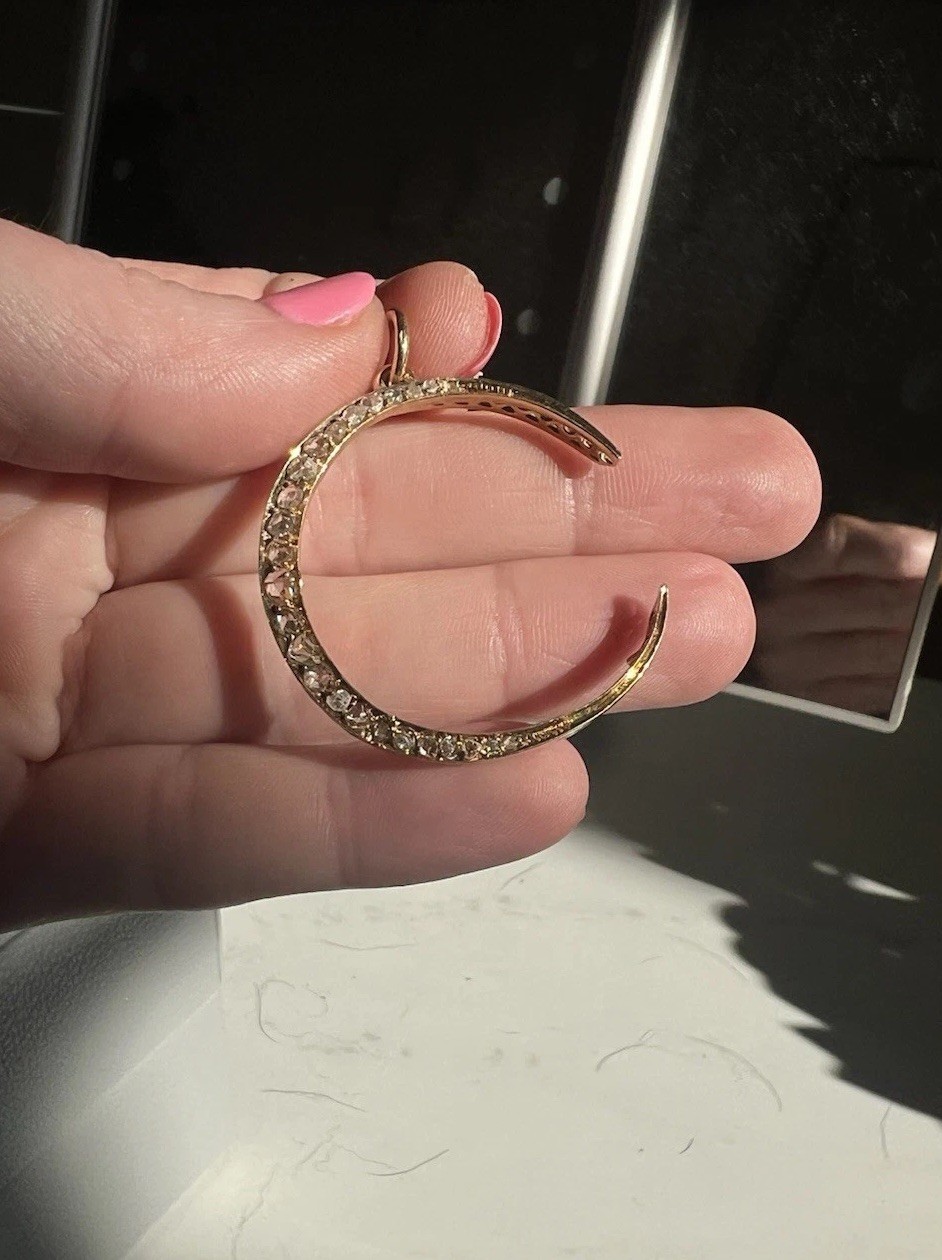 Antique 19k Rose Cut Diamond Crescent Moon Pendant 0.82ctw