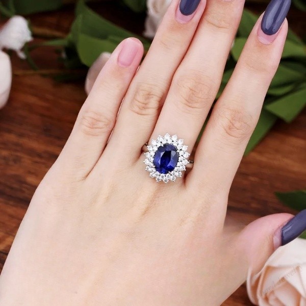 3.60 Ct Oval Natural Sapphire & Diamond Wedding Ring 14K White Gold Size 6