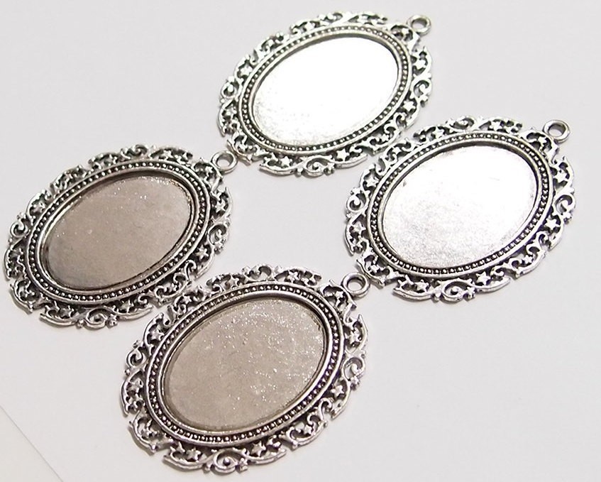 4 of 40x30mm Antique Silver Victorian Floral & Stars Pendant Settings 64x48mm