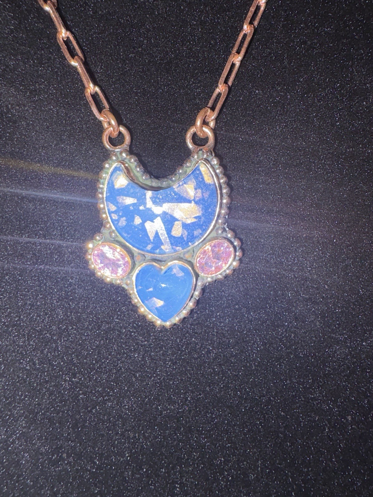 Copper Chain Necklace With Blue Crescent Moon Heart Doublet Opal & Cz Pendant