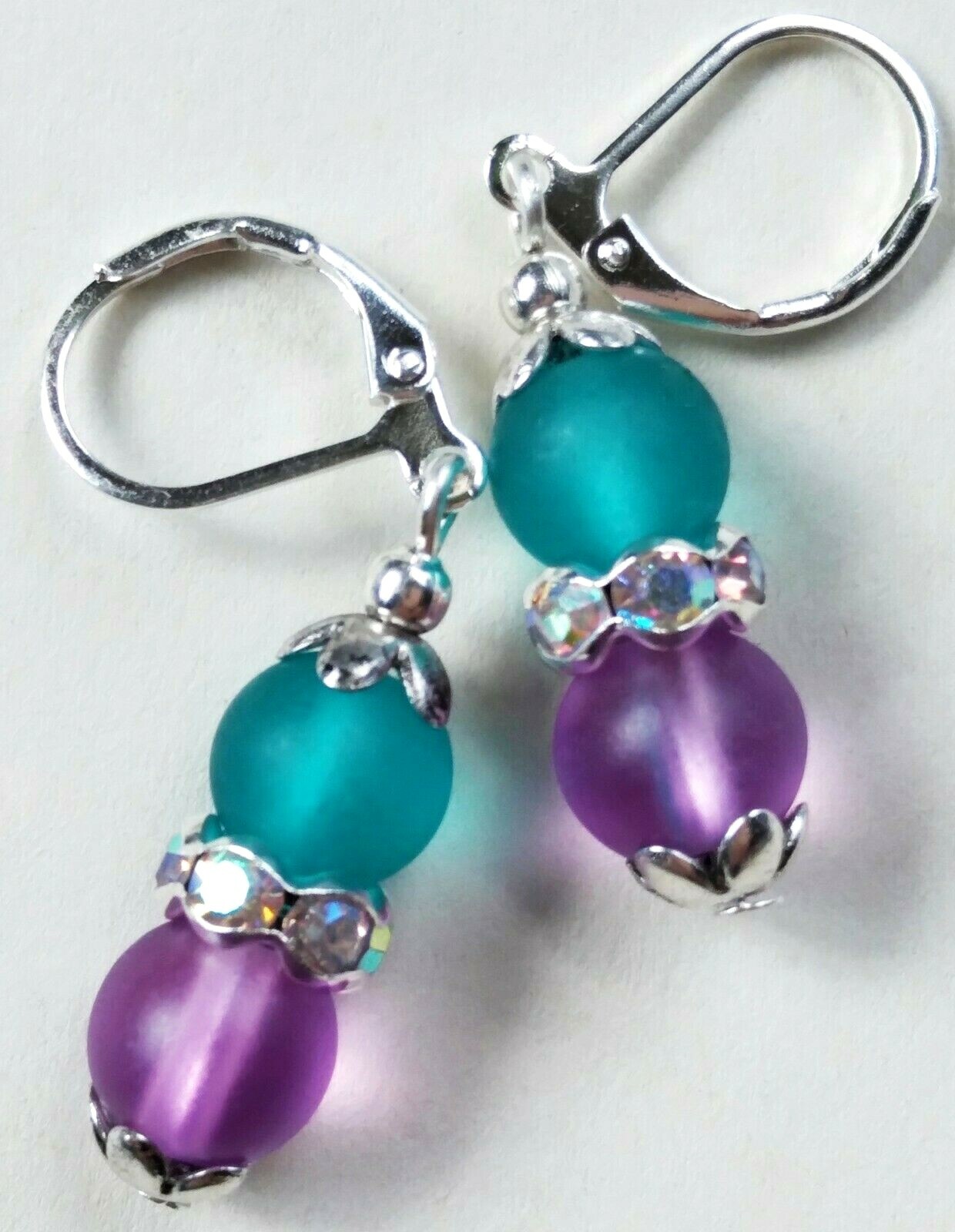 Lavender & Teal FROSTED GLASS AB Crystal drop earring SP HANDCRAFTED FGG