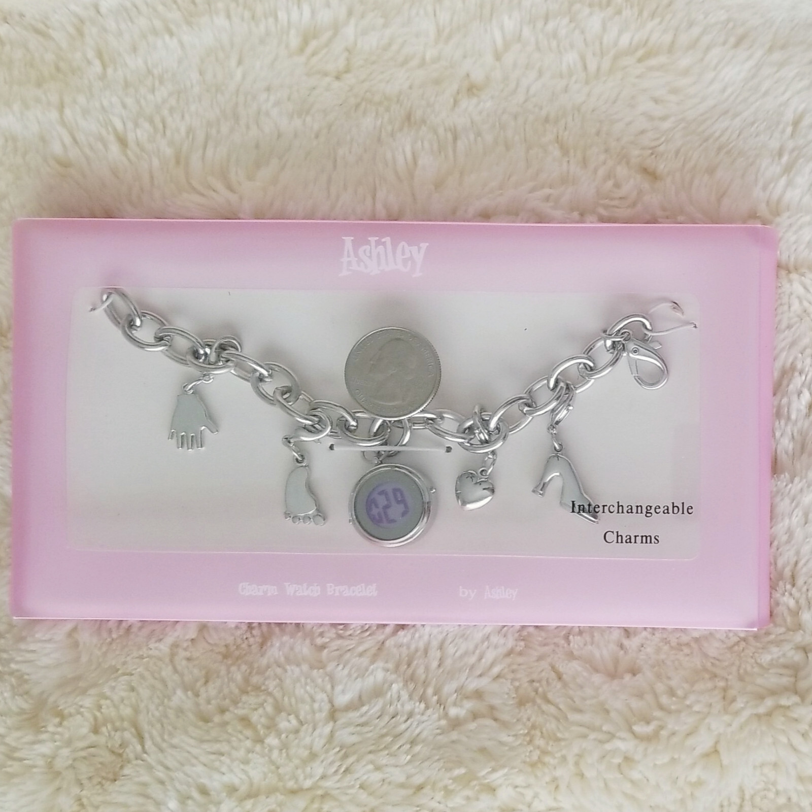 Ashley Large Silver Tone Link Charm Bracelet w/ Watch Baby Theme Shower Gift