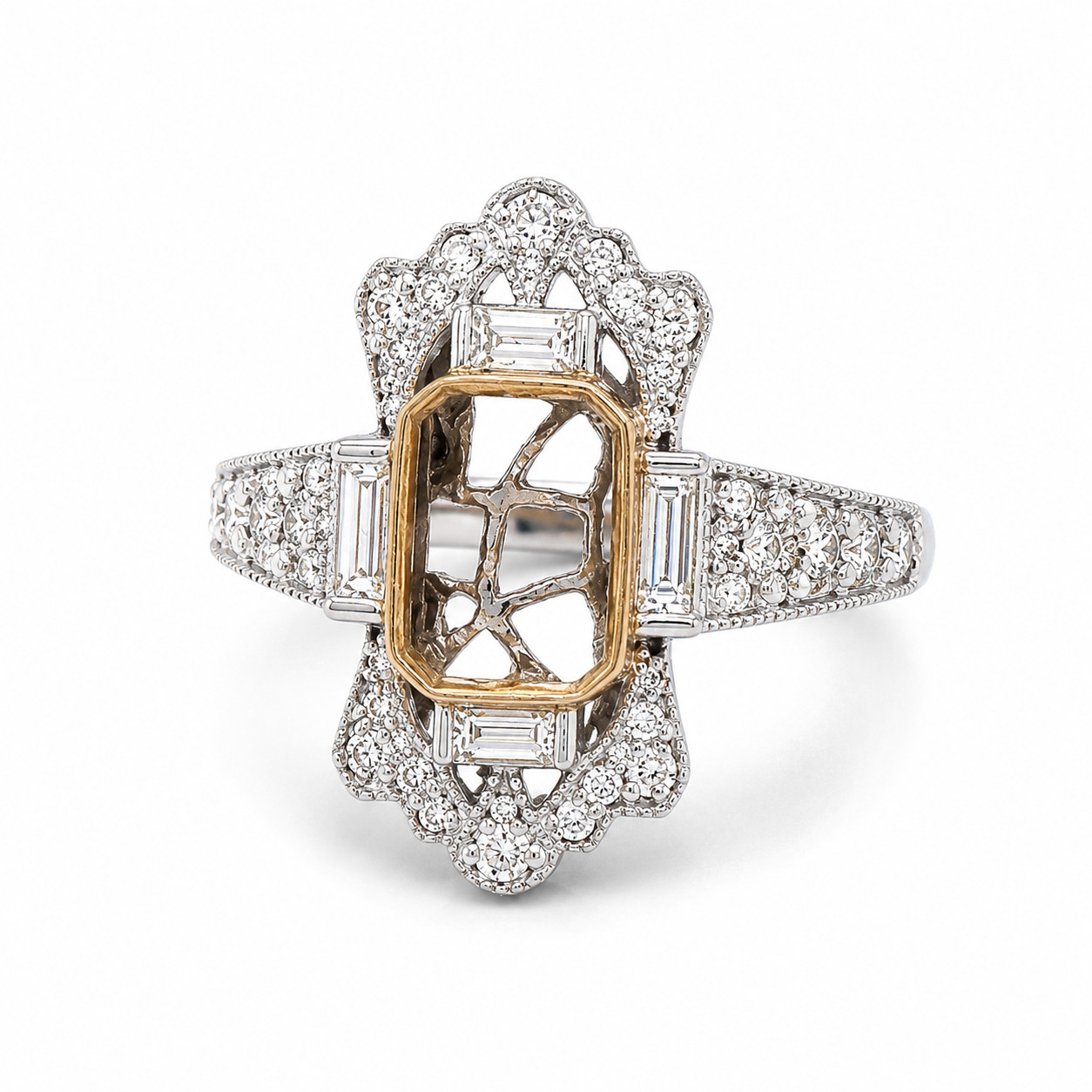 Semi-Mount Art Deco Ring with 0.82 cttw Natural Diamond, Solid 14K White Gold