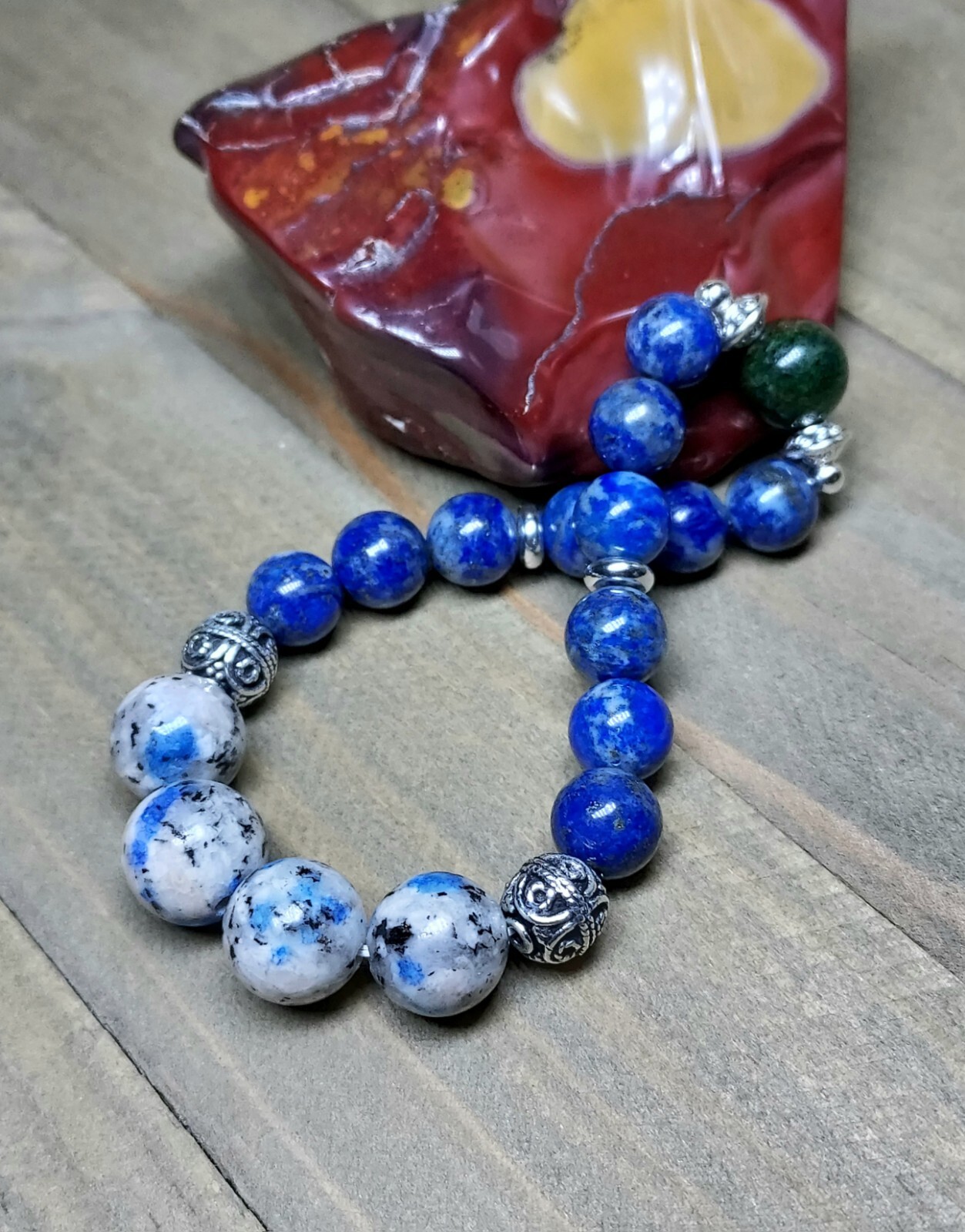 Blue Lapis and K2 Stone Bracelet Unique Meditation Jewelry Stretchy Gems 6.25″