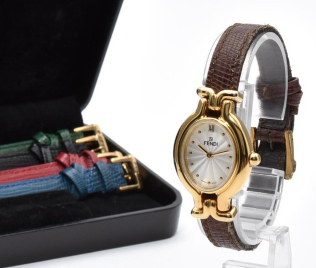 [Box] Fendi 640L Quartz White Oval Gold Plated Changeable 5 Straps Ladies Watch