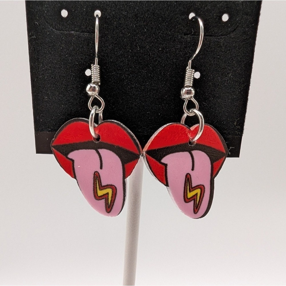 Handmade Hot Lips Tongue Out Lightning Bolt Dangle Rock N Roll Earrings 2″ NEW