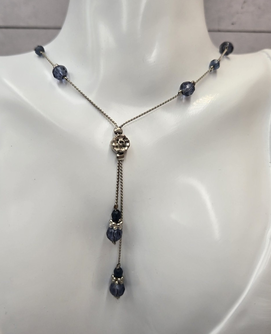 Silver-Tone Blue Crystal Bead Lariat Y-Drop Necklace Floral 318