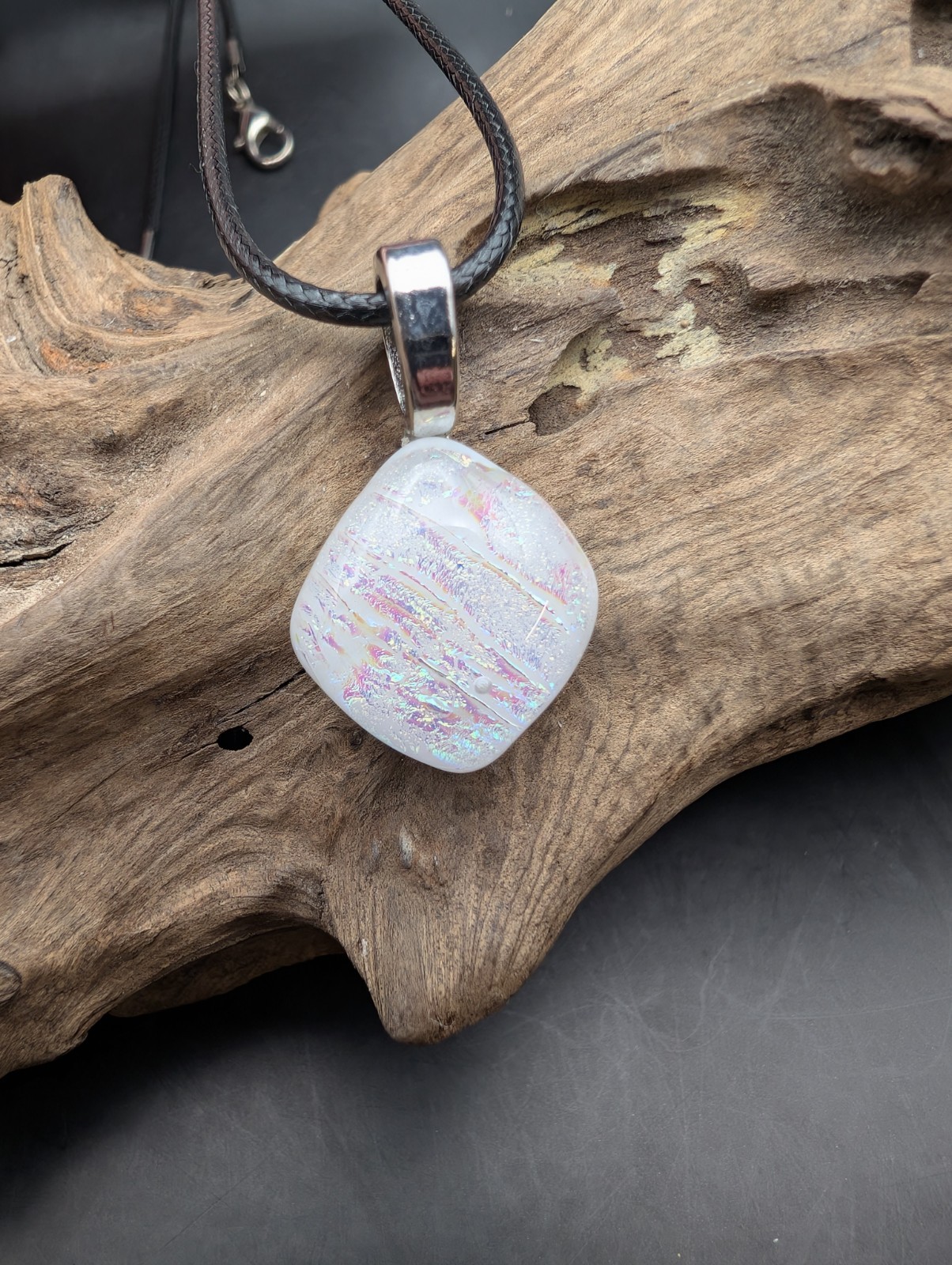 White Multicolor Necklace Fused Glass Dichroic Silver bail #1322