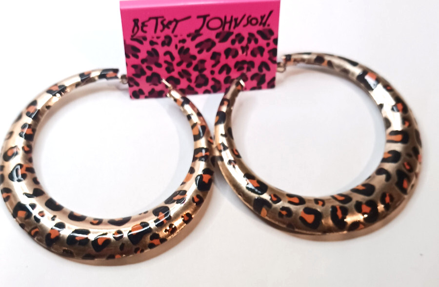 Big LEOPARD Animal Print HIP HOP Gold HOOP Leverback Betsey Johnson Earrings