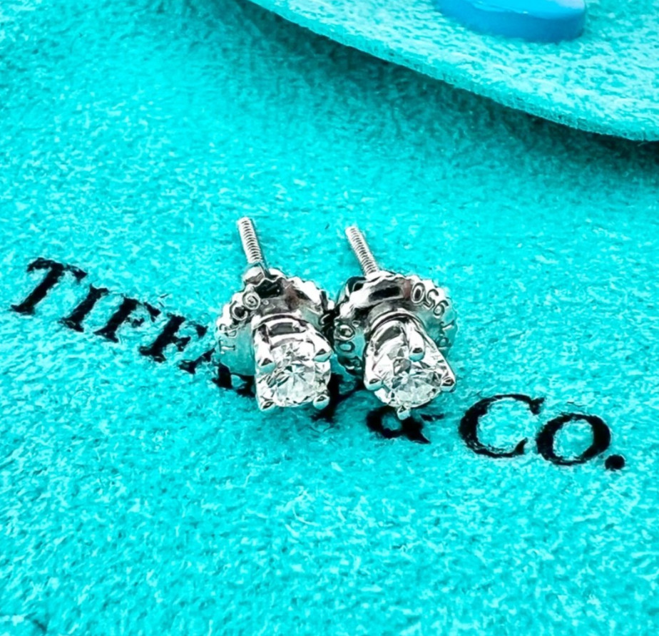 Authentic Tiffany & Co. PT950 Diamond solitare Stud Screw Earrings Near Mint