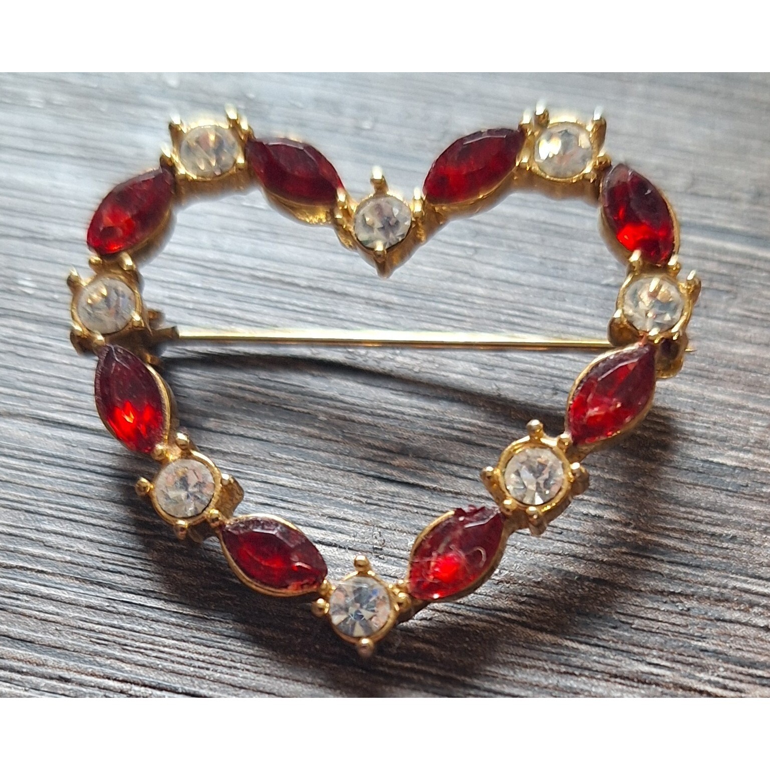 Heart Valentines Red White Rhinestone Pin Broach