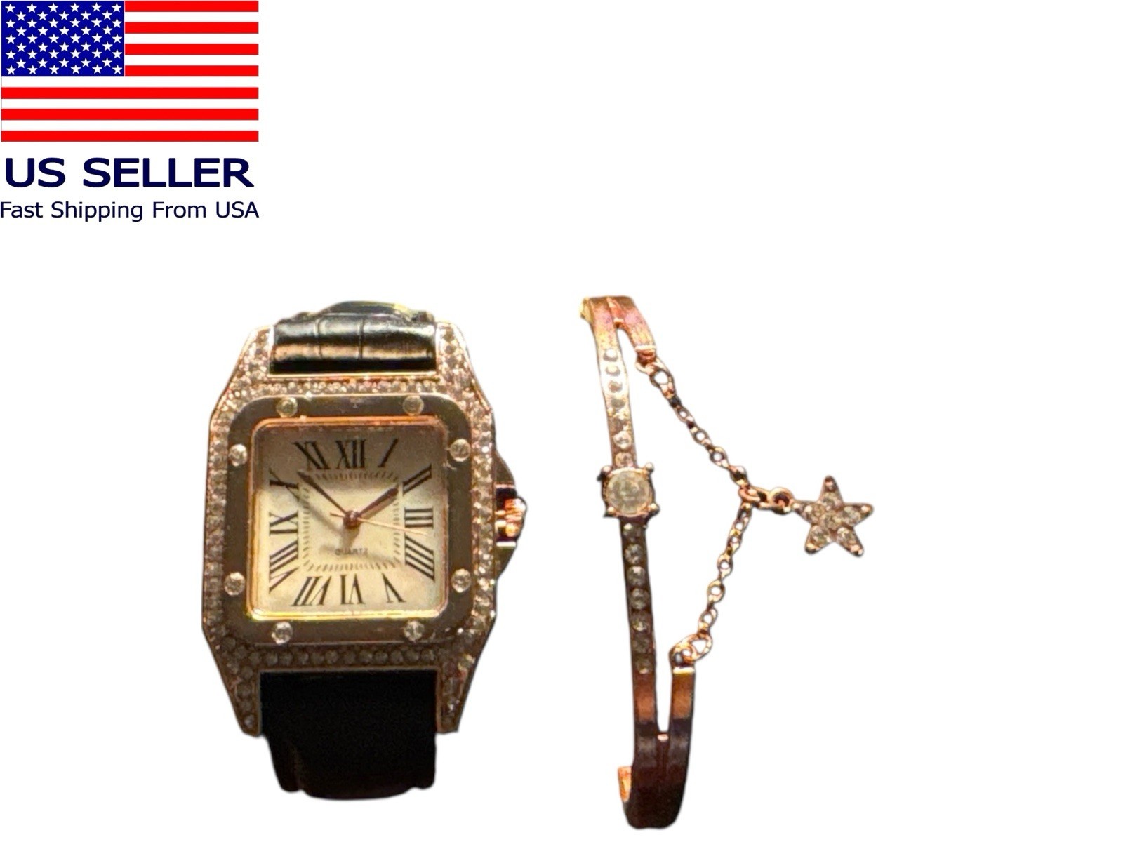Women PU Leather Rhinestone Watch and Rose Gold Bracelet 2 Piece Set