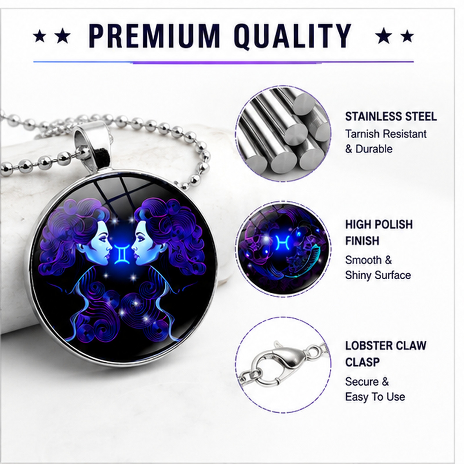 Zodiac Necklace Stainless Steel Ball Chain Astrology Pendant Sign Gift Jewelry