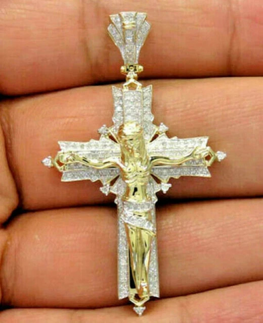 2.00Ct Moissanite Round Cut Jesus Cross Pendant for Men 14k Yellow Gold Plated