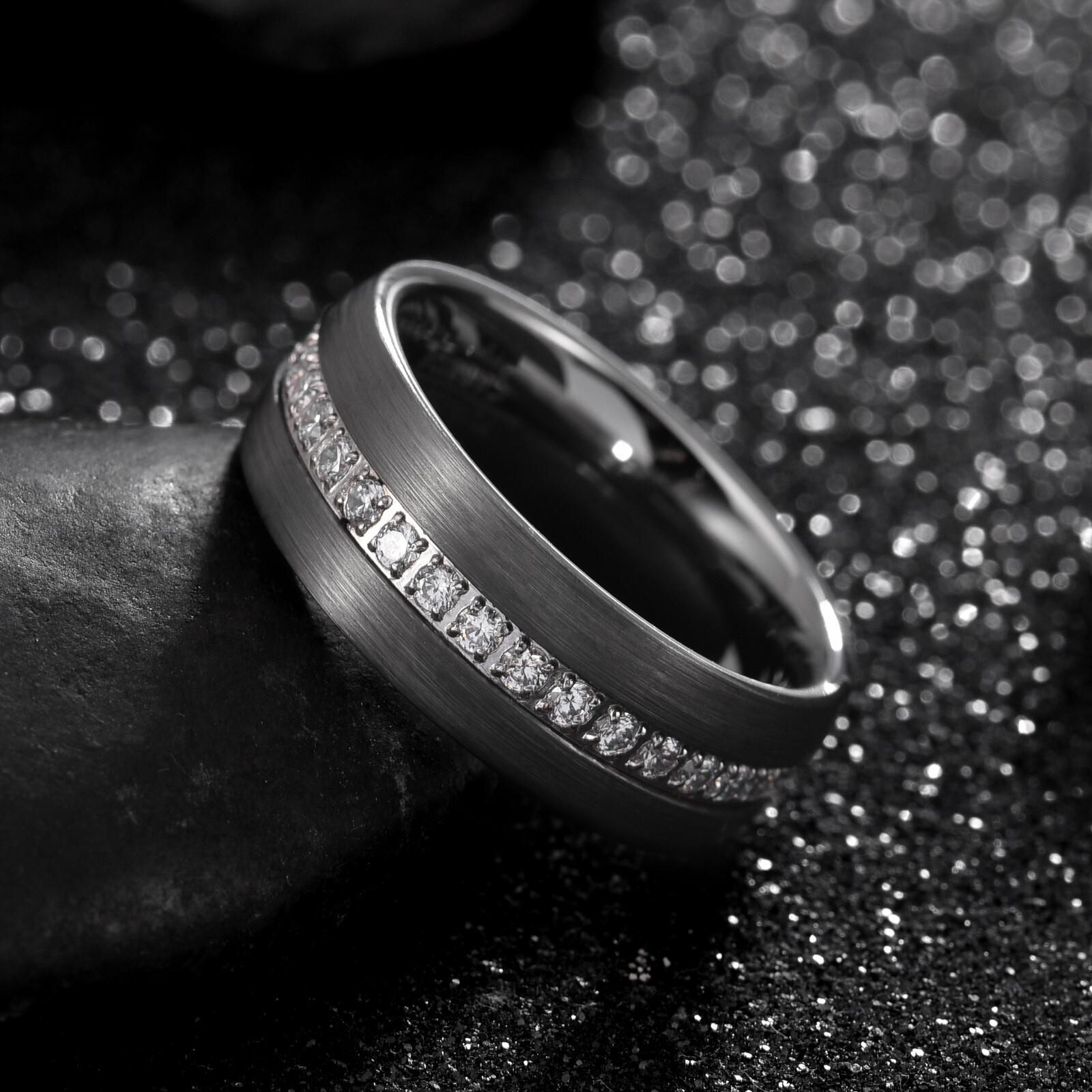 Dome Tungsten Ring w Eternity Cubic Zirconia in Diff Colors w/ Free Engraving