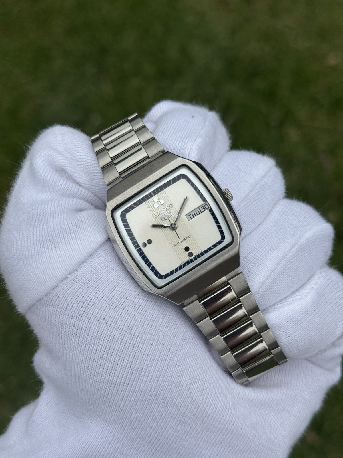 Vintage Seiko 5 Automatic 6309 Mens WristWatch Silver TV Dial Day Date Japan 21J