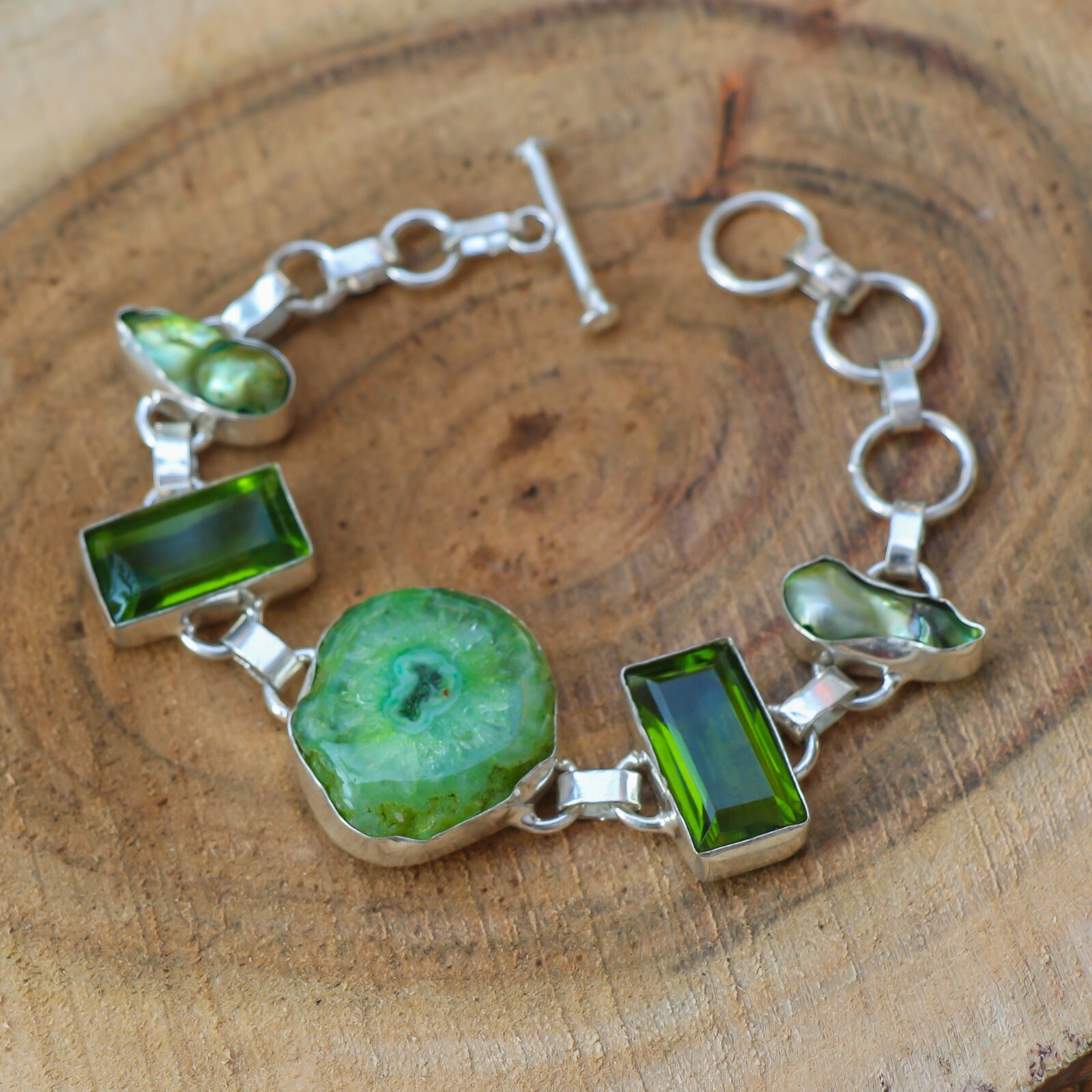 Green Agate, Peridot & Pearl Bracelet – Boho Gemstone Jewelry
