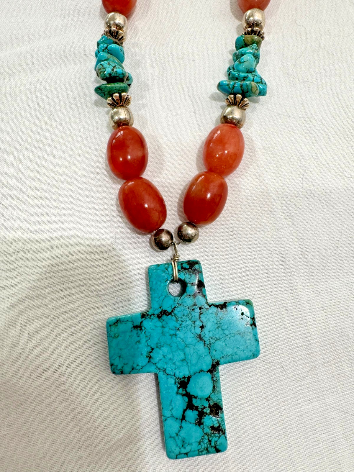 Solid Turquoise Cross Necklace Coral and Sterling Nuggets Heishi Beads 22″ 114 g