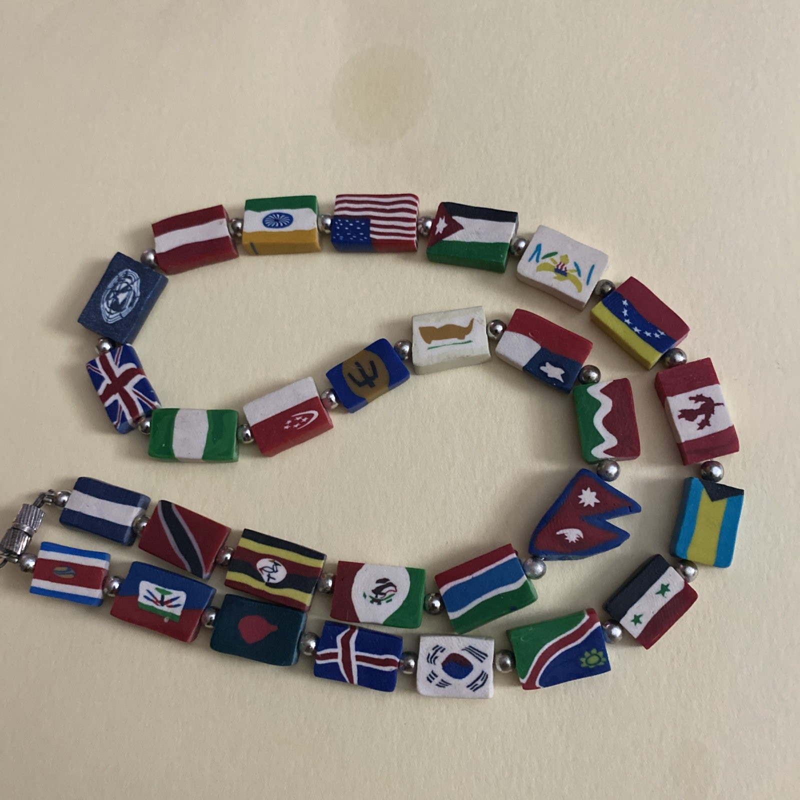 Flags of the World 29 Country Necklace, Silver Tone Beads,29 Different Flags,22”