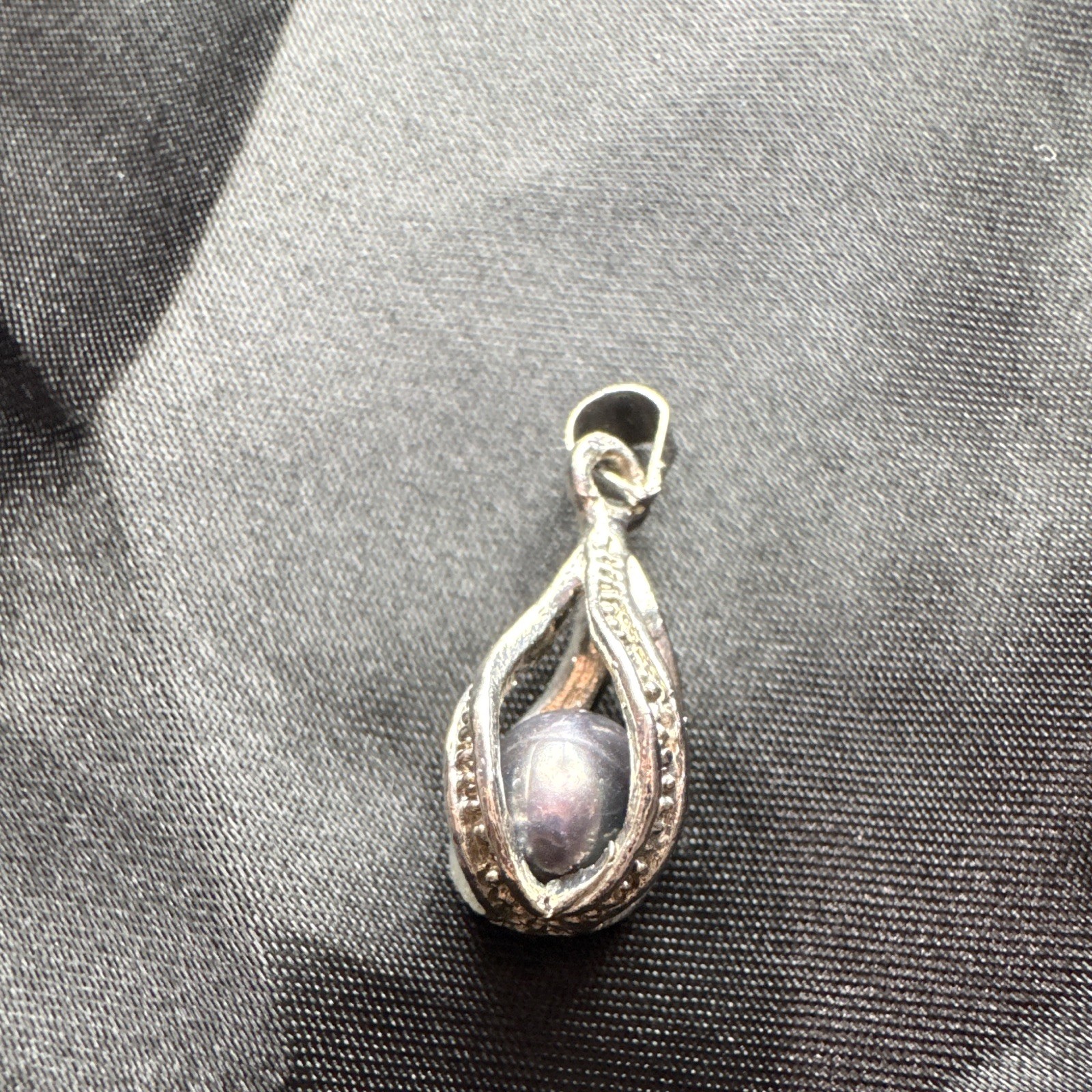 Silver-Tone Metal Teardrop Charm Pendant, Oval Purple Cabochon Stone, 1pc