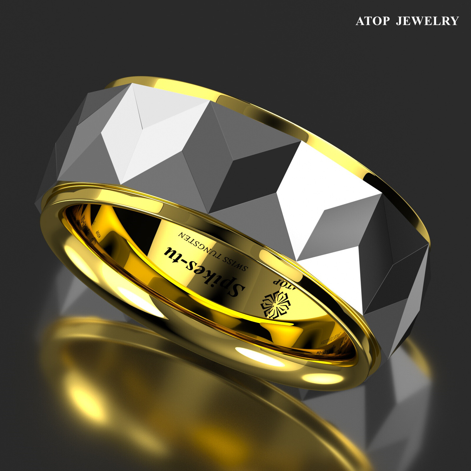 8mm Silver Rhombus Plated Metal Tungsten Ring Gold Wedding Band Men Jewelry