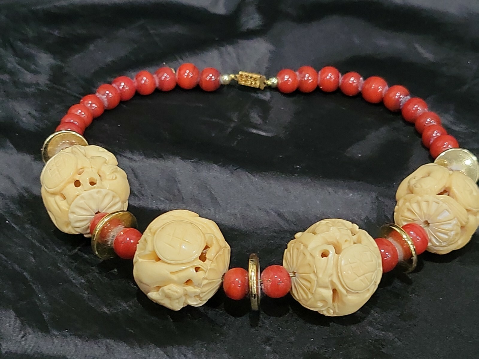 ANTIQUE CHINISE ZODIAC CARVED WATER BUFFALO BONE BEADS & RED STONE NECKLACE