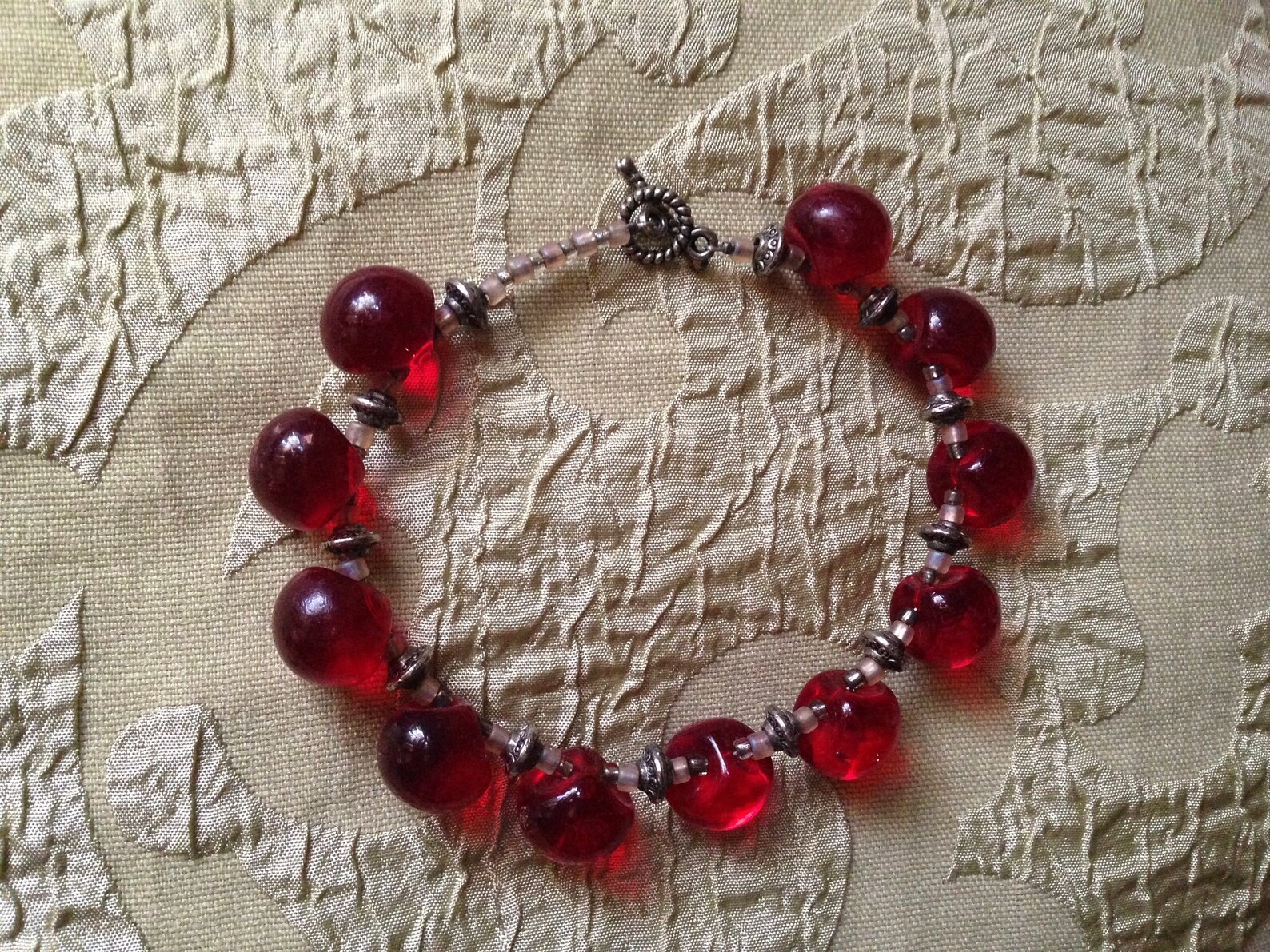 Glass Antique Button Bracelet Toggle Clasp Handmade 9.5 Inches “Ruby Tuesday”