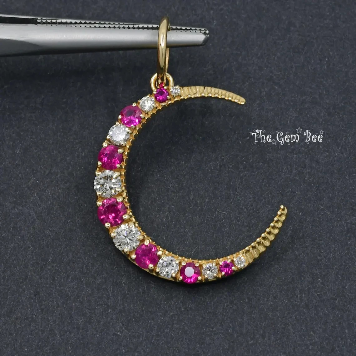 18.5×22.5mm 14K Solid Yellow Gold Diamond Natural Ruby Crescent Moon Charm