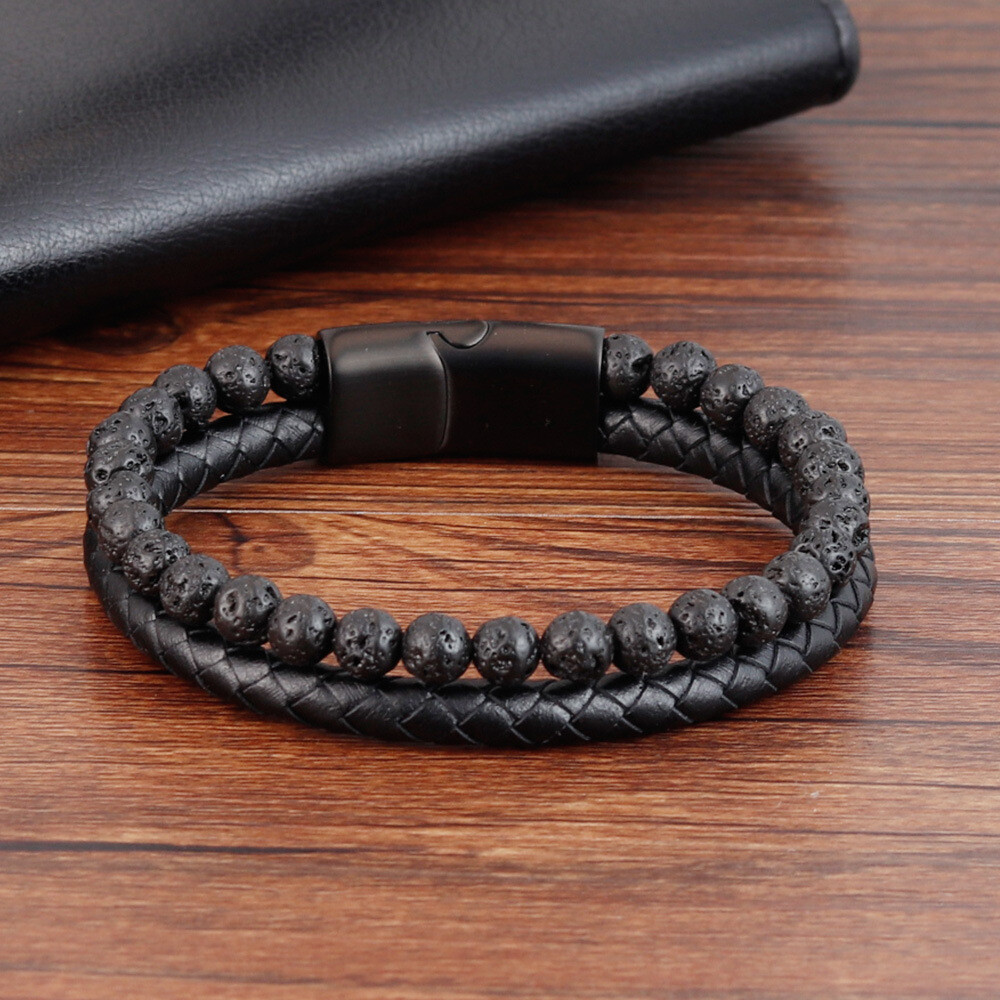 Obsidian Tiger Eye Beaded Protection Strength Healing Men Leather Bracelet Gifts