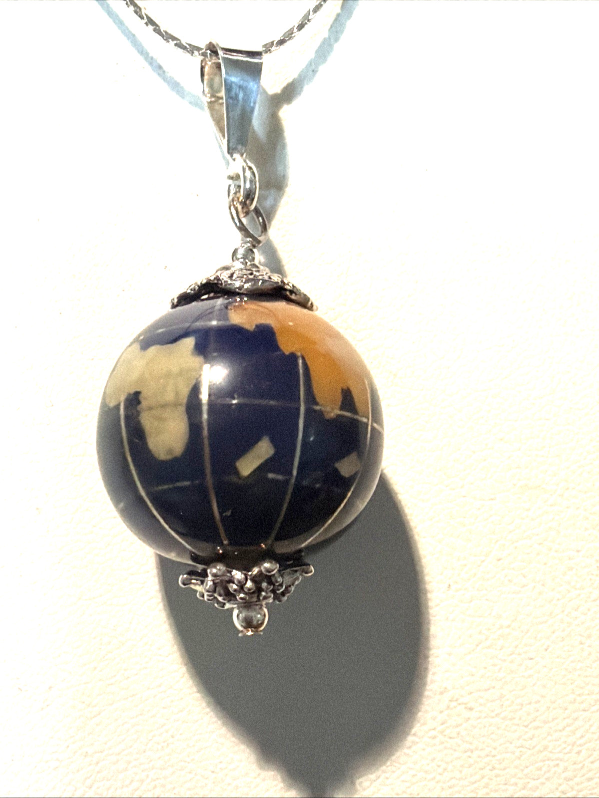 *NEW ITEM-LG. VTG. 20MM LAPIS GEMSTONE INTARSIA WORLD GLOBE NECKLACE .925 SILVER