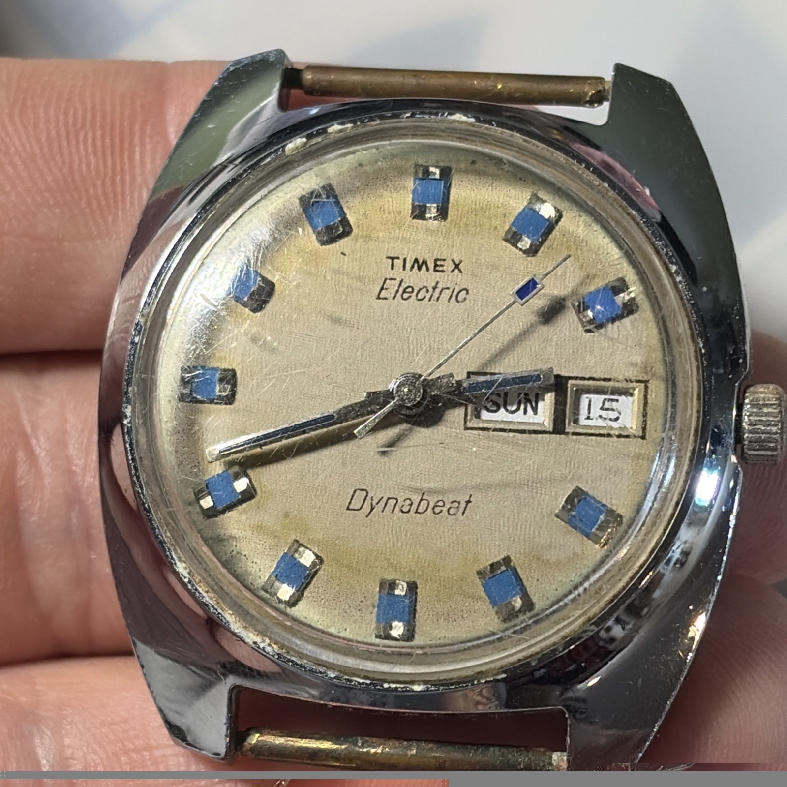 Vintage Men’s TIMEX Electric Dynabeat Day/Date, Blue Indices For Parts/Repair