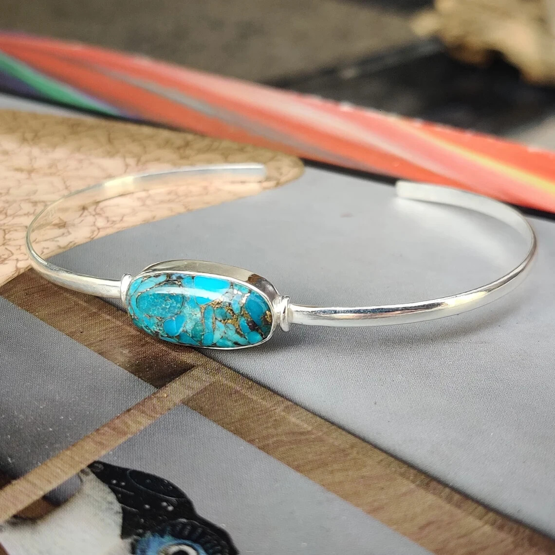 Blue Copper Turquoise Gemstone 925 Sterling Silver Handmade Bracelet Cuff CT-33