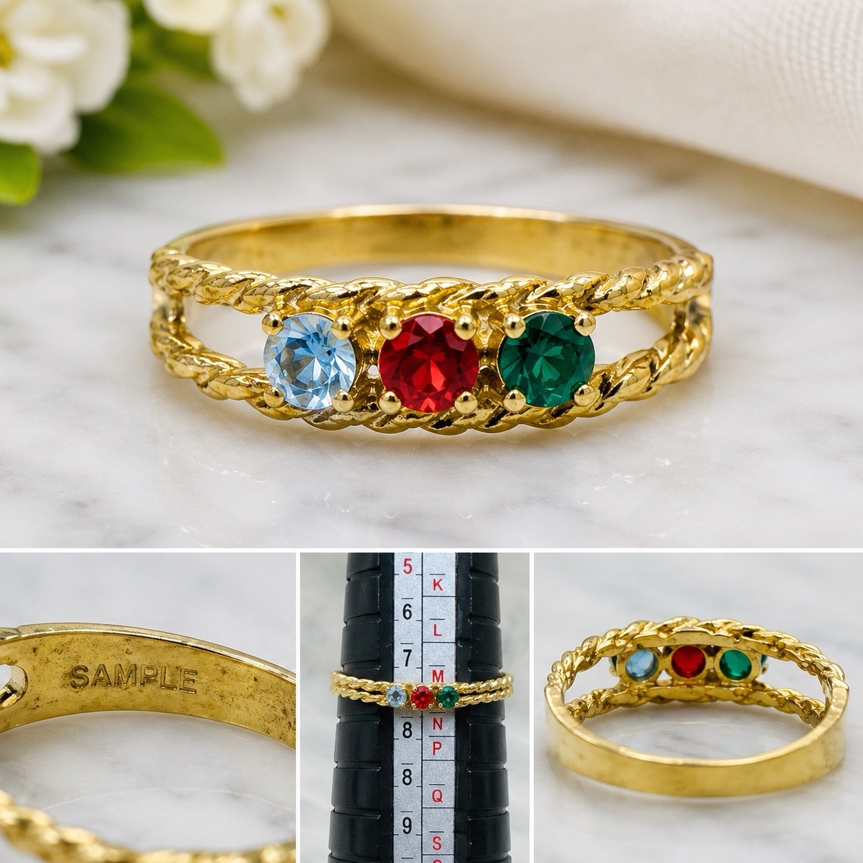 Vintage Gold Plated Sample Ring 3 Stone Blue Red Green CZ Size 7 Twisted Band